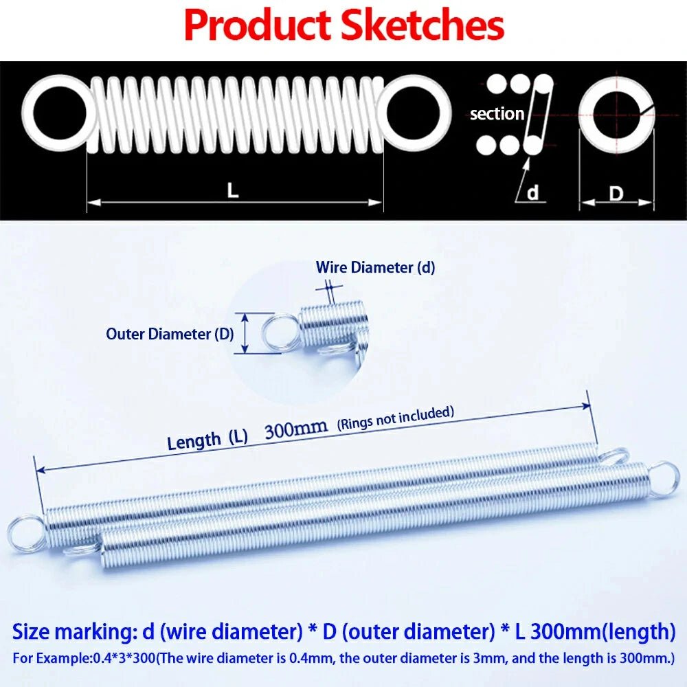 Extension Spring Wire Dia 0.4 - 2.5mm Galvanized Double Loop Closed Ring Tension Springs - HomeDIYer