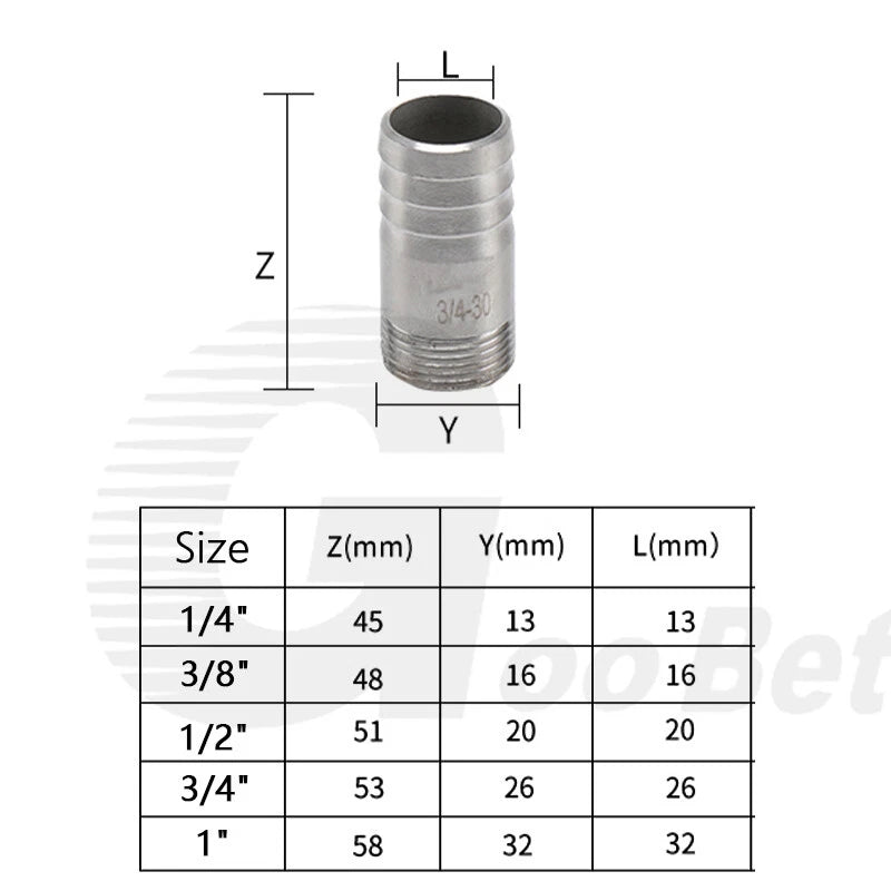 Stainless Steel Hosetail Barbed Hose Connector — BSP Male Thread (DN8 to DN100)