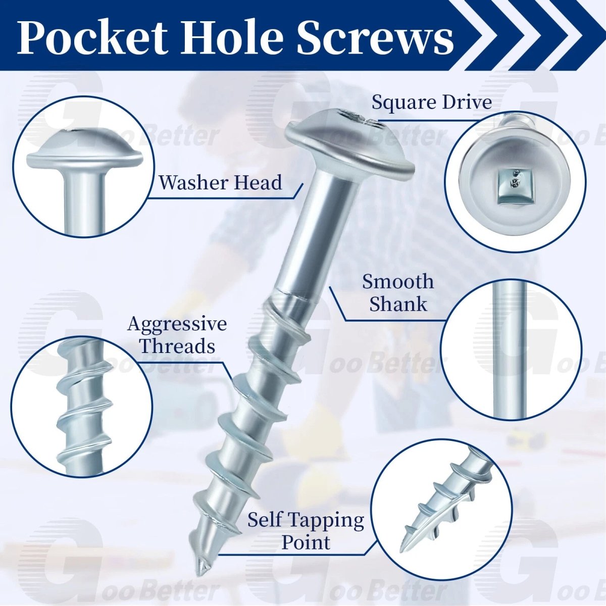 8 Pocket Hole Screws Interior Pocket Screw Coarse Thread, Square Drive, Washer Head, Zinc Plated, 100MM Drive Bit Included - HomeDIYer