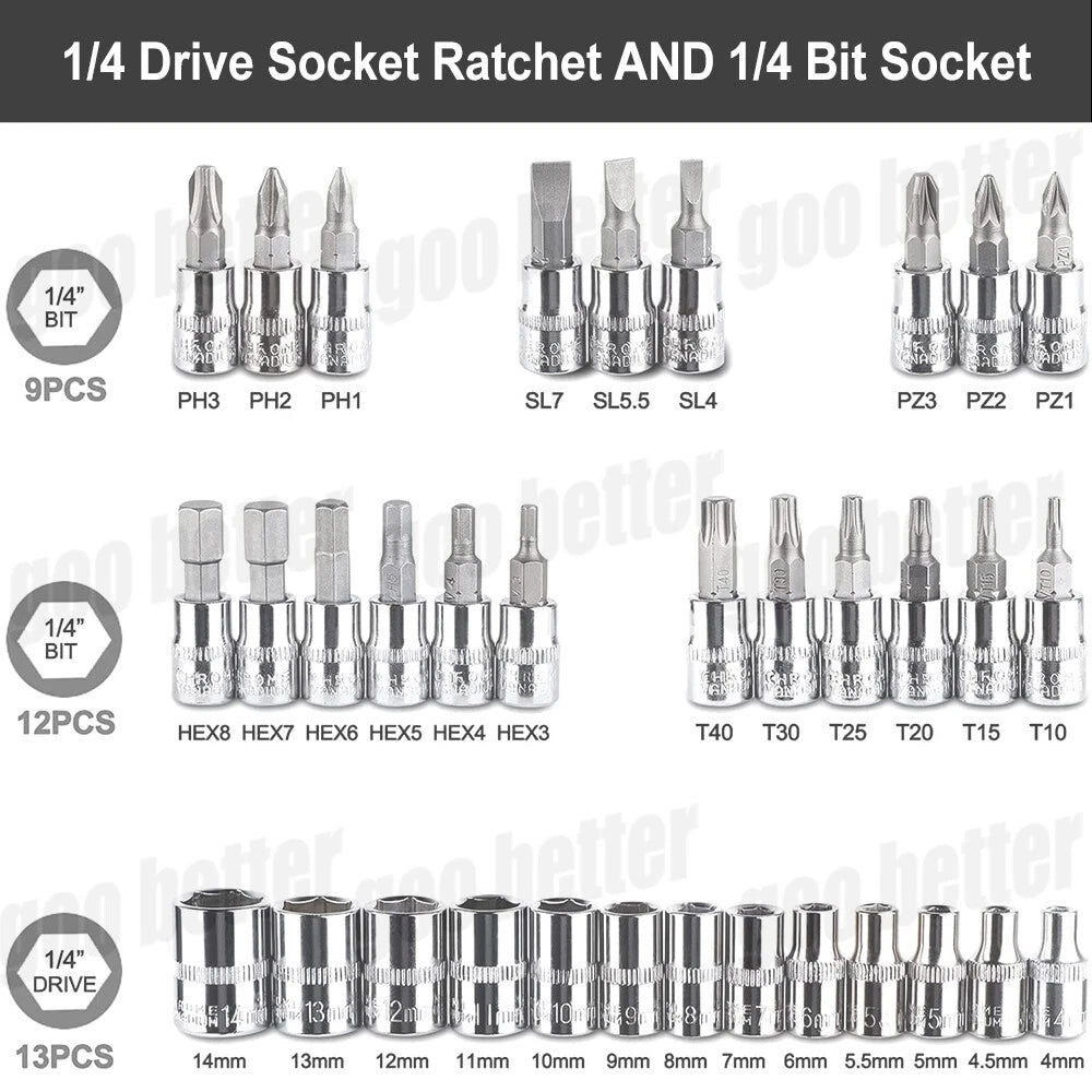 46PCS 1/4" Drive Spanner Socket Ratchet Wrench Set Car Repair Tool Kit with Case