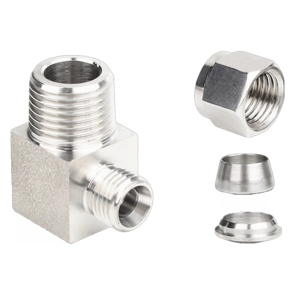304 Stainless Steel Compression Fitting – 90° Elbow Male Connector, BSPT 1/8" to 1/2", Tube OD 6–20mm