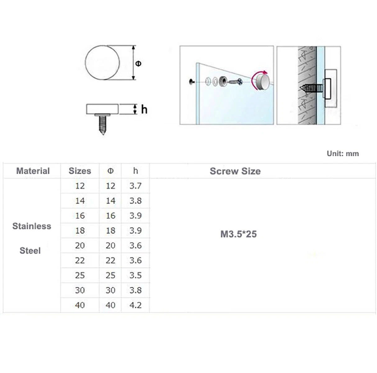 12mm-40mm Mirror Screws Decorative Caps – Polished Stainless Steel Cover Nails with Plastic Washer & Carbon Steel Screw (M12-M40)