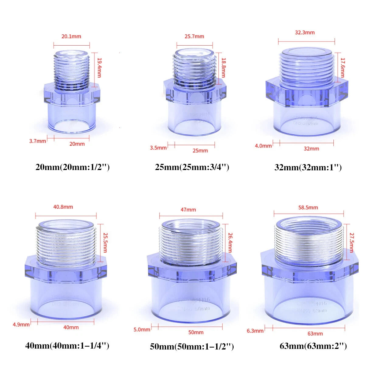 1 2"-2" UPVC Nipples Threaded Pipe Fittings Connector BSP Male Adapter Clear