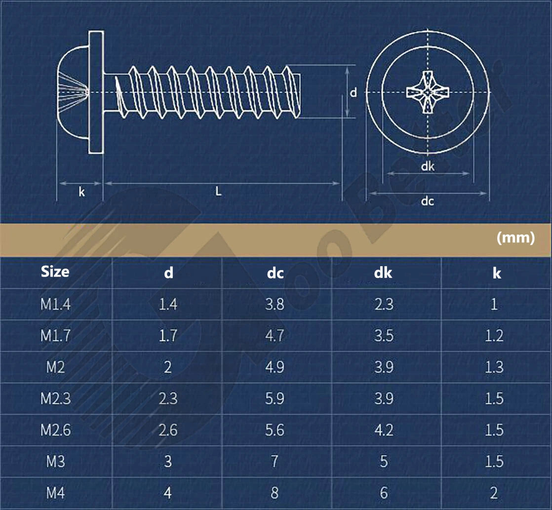 M1.4 M1.7 M2 M2.3 M2.6 M3 M4 Flanged Pan Head Blunt Screws – Nickel or Black Zinc Carbon Steel
