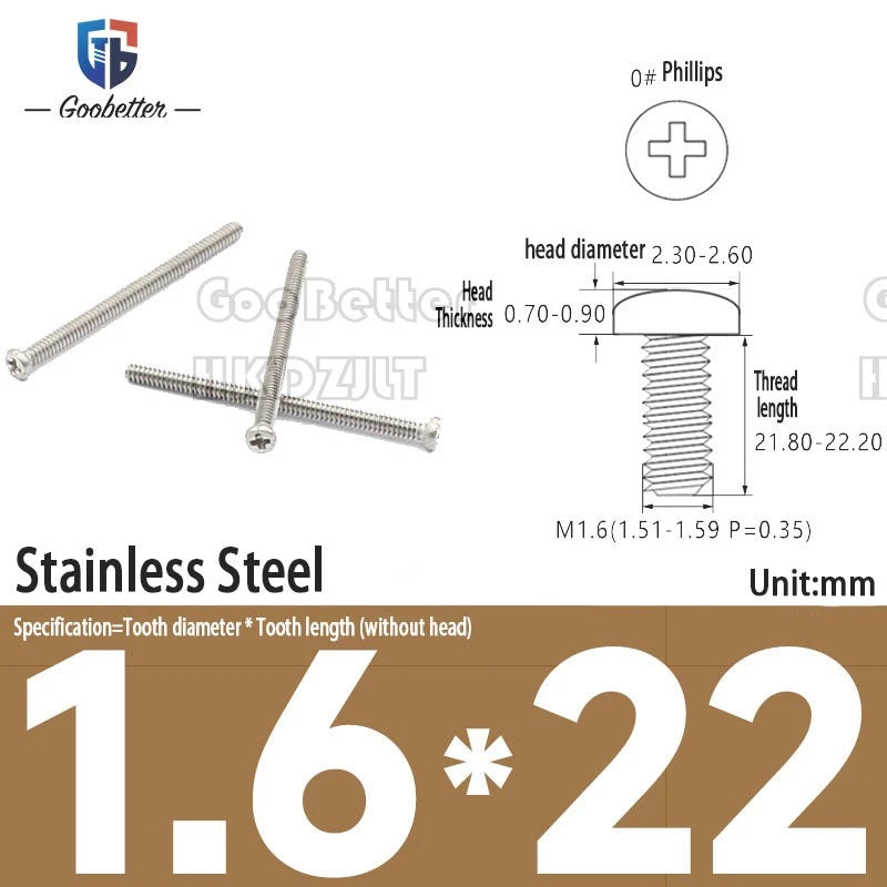 M1.6 & M1.7 Phillips Pan Round Head Machine Screws – Carbon Steel, Brass or Stainless, Lengths 1.5–22mm
