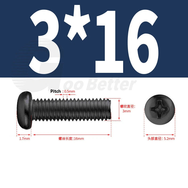 M2 M2.5 M3 M4 M5 Black Zinc Phillips Pan Head Machine Screws – Carbon Steel, 3–20mm