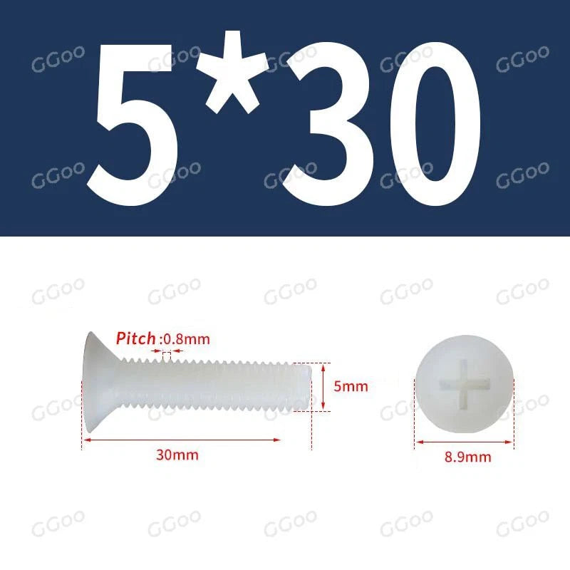 White Nylon Phillips Flat Head Machine Screws DIN 965 — M2.5 M3 M4 M5 M6 M8