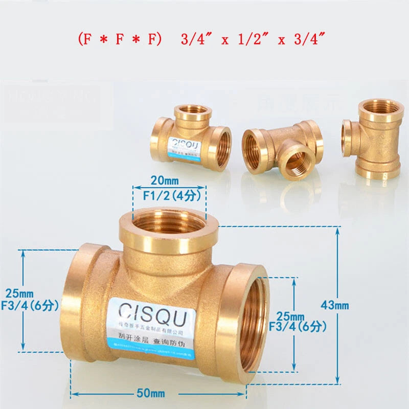 Brass Tee Pipe Fittings – NPT Thread, 1/8" to 2", M/F Configurations