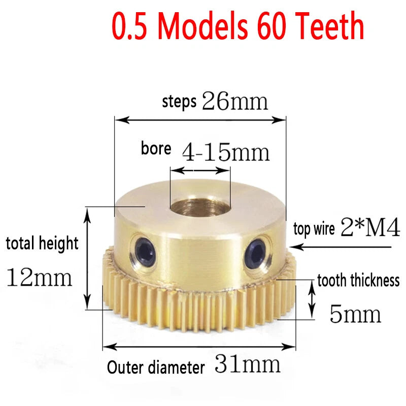 Mod 0.5 Brass Pinion Gear Spur Gears 20-60 Teeth 4-15mm Bore With Screw Hardened