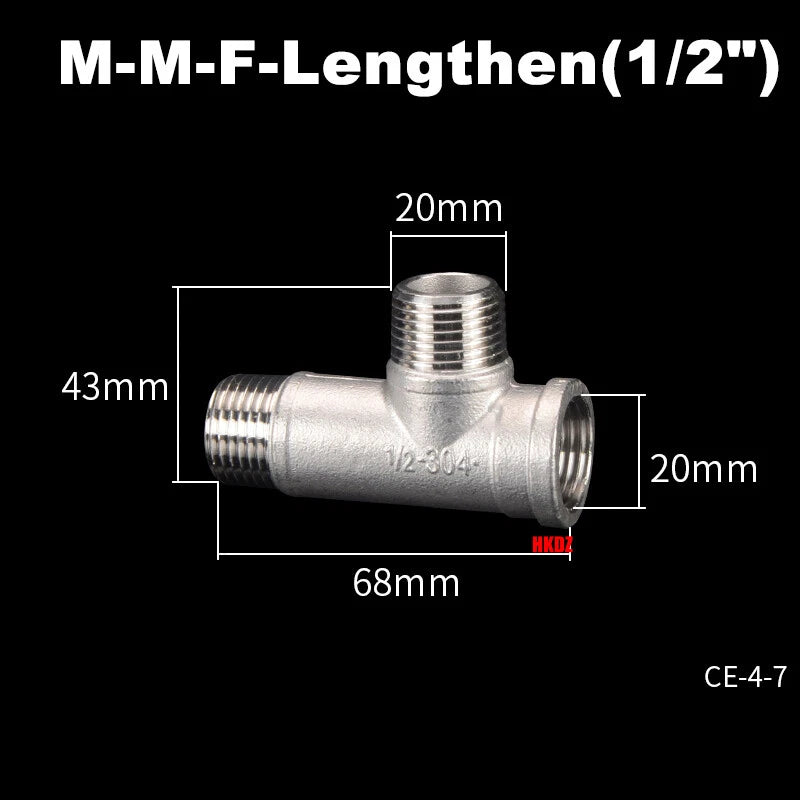 304 Stainless Steel BSP 3-Way Pipe Fitting — 1/4" to 2" Female & Male Thread Tee Connector