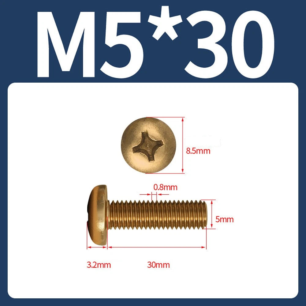 M4 M5 Solid Brass Pan Head Phillips Machine Screws — Multiple Lengths