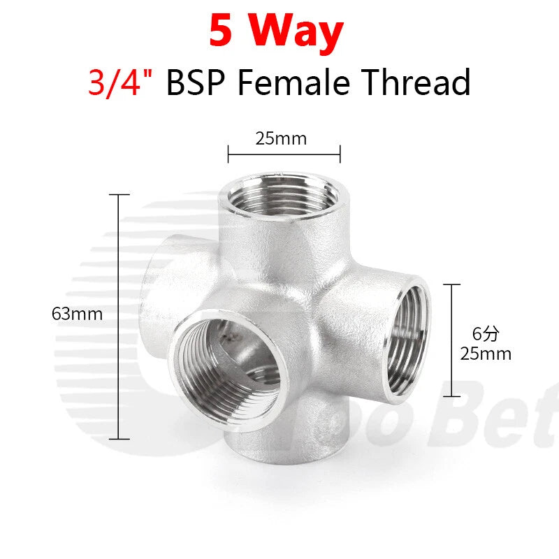 BSP Female Stainless Steel Pipe Fitting — 3/4/5-Way Adapter, 1/4" to 2"