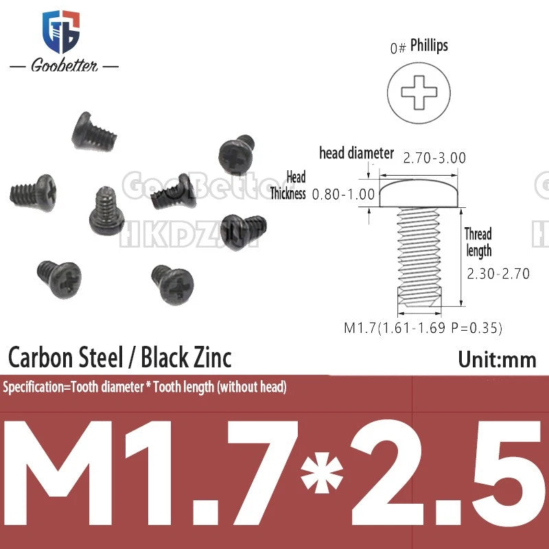 M1.6 & M1.7 Phillips Pan Round Head Machine Screws – Carbon Steel, Brass or Stainless, Lengths 1.5–22mm