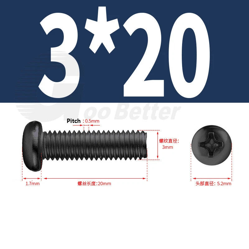 M2 M2.5 M3 M4 M5 Black Zinc Phillips Pan Head Machine Screws – Carbon Steel, 3–20mm