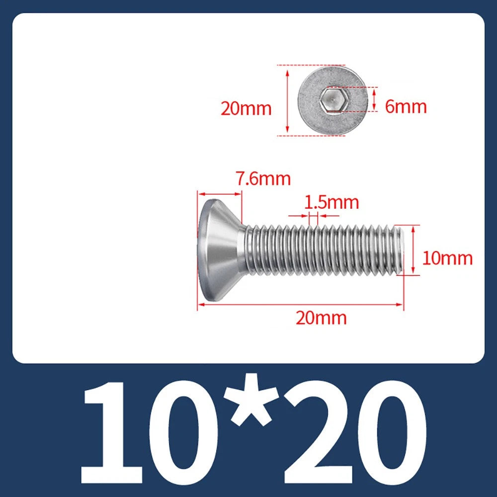 M8 M10 Countersunk Socket Head Screws – 304 Stainless Steel A2, Fully Threaded, 10–150mm