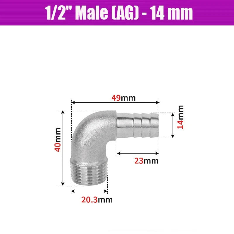 BSP Male Elbow Barbed Hose Connector — Stainless Steel, 1/8" to 1/2", 6–16mm