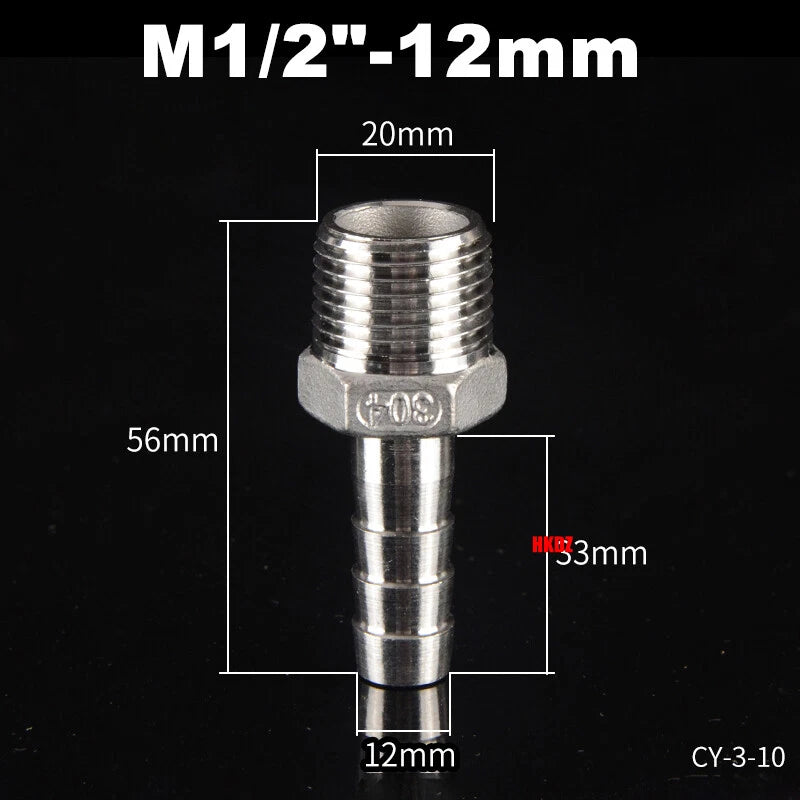 Stainless Steel 304 Barb Hose Tail Connector – 1/2" & 3/4" BSP Male Thread Hose Fittings