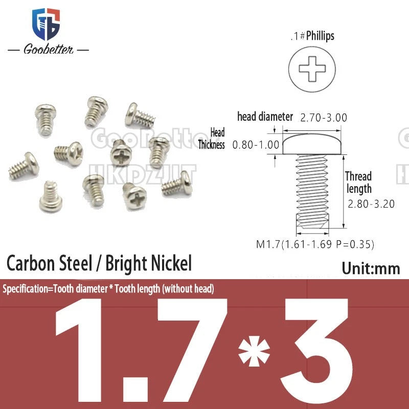 M1.6 & M1.7 Phillips Pan Round Head Machine Screws – Carbon Steel, Brass or Stainless, Lengths 1.5–22mm