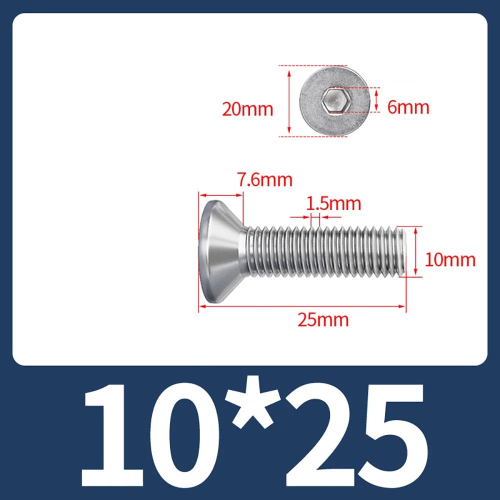 M8 M10 Countersunk Socket Head Screws – 304 Stainless Steel A2, Fully Threaded, 10–150mm