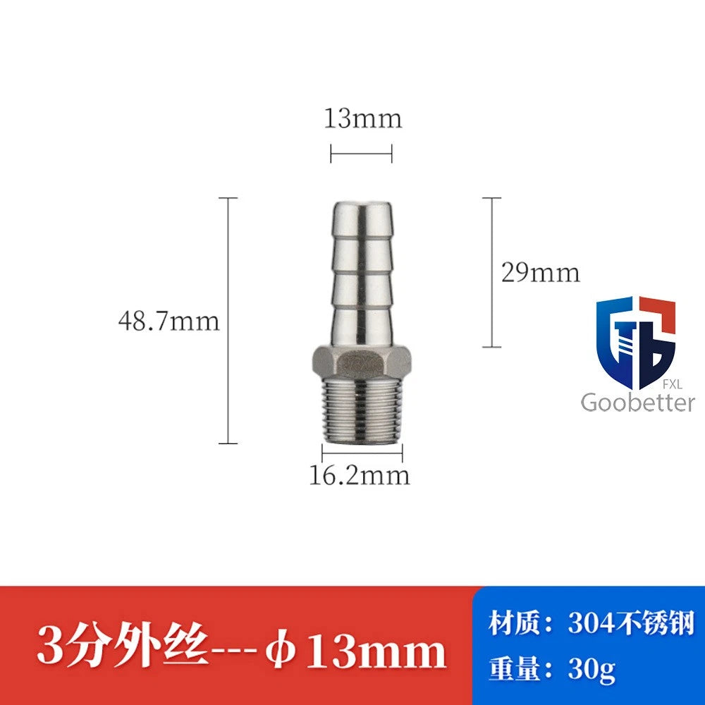 BSP Stainless Steel Male Thread Barb Hose Tail Connector — 1/8" to 2"