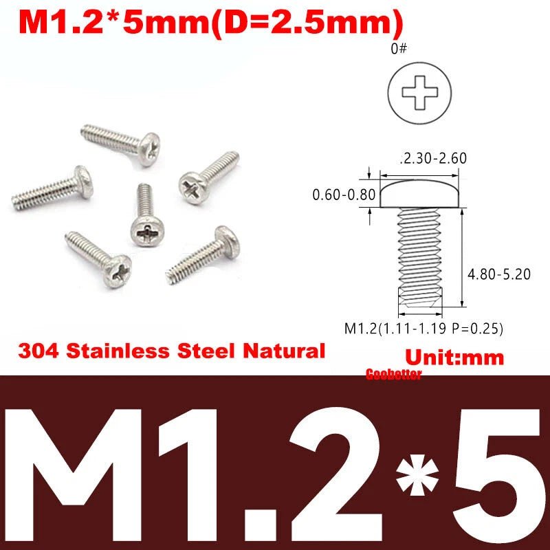 Phillips Pan Head Machine Screws M0.8 M1 M1.2 M1.4 M1.6 M1.7 — Cross Round Head Bolts, Multiple Coatings - HomeDIYer
