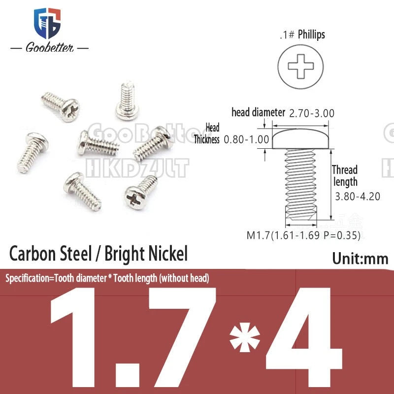 M1.6 & M1.7 Phillips Pan Round Head Machine Screws – Carbon Steel, Brass or Stainless, Lengths 1.5–22mm