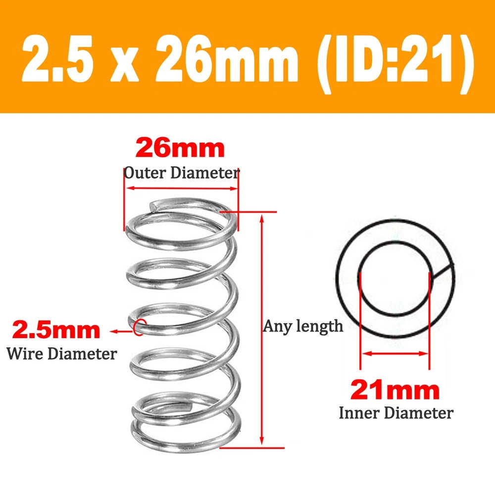 304 Stainless Steel Compression Spring Wire Dia 2.5mm, L 20-100mm, OD 12-36mm