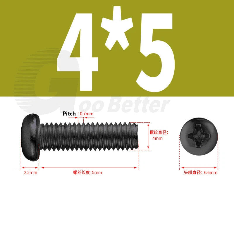 M2 M2.5 M3 M4 M5 Black Zinc Phillips Pan Head Machine Screws – Carbon Steel, 3–20mm
