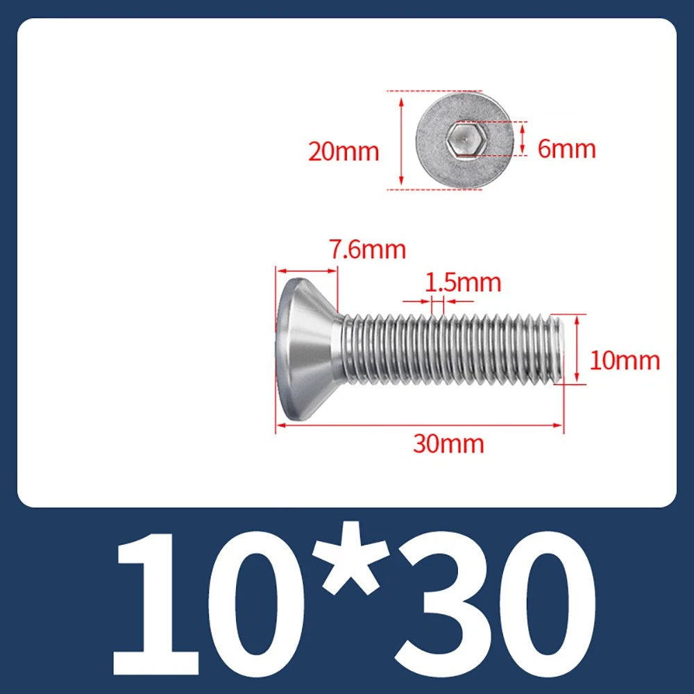 M8 M10 Countersunk Socket Head Screws – 304 Stainless Steel A2, Fully Threaded, 10–150mm