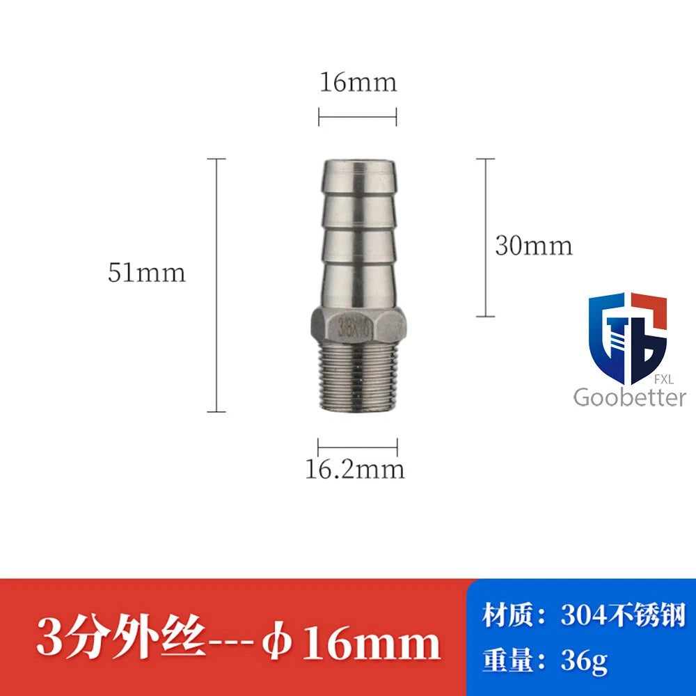 BSP Stainless Steel Male Thread Barb Hose Tail Connector — 1/8" to 2"