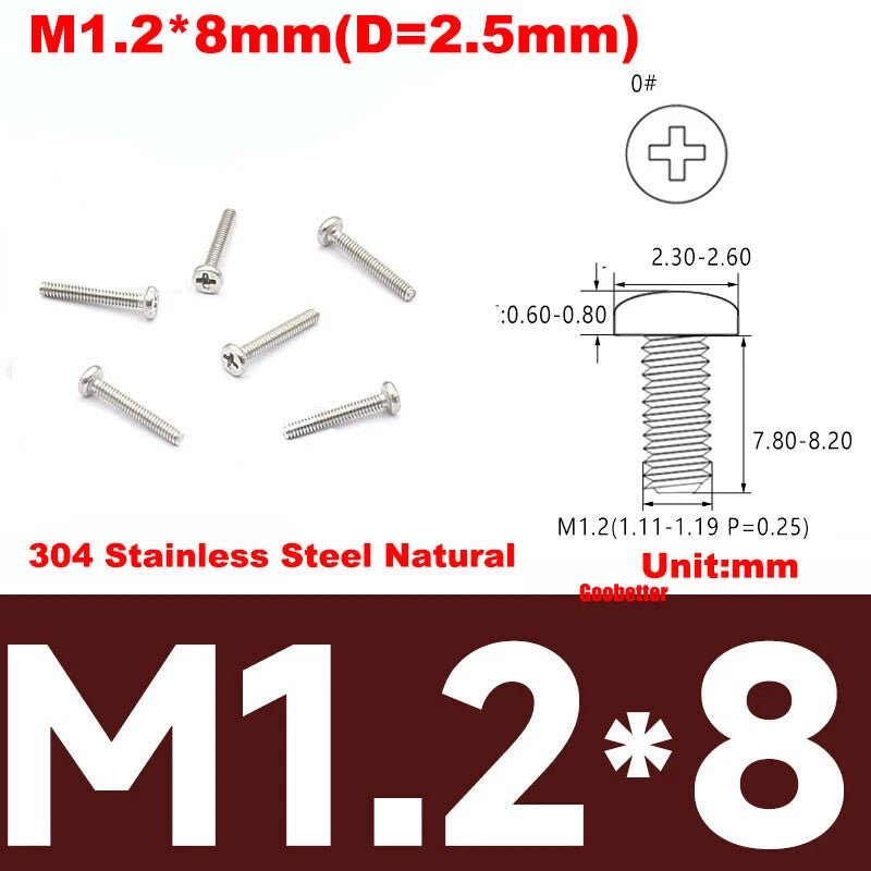 Phillips Pan Head Machine Screws M0.8 M1 M1.2 M1.4 M1.6 M1.7 — Cross Round Head Bolts, Multiple Coatings - HomeDIYer