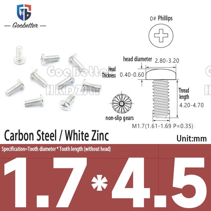 M1.6 & M1.7 Phillips Pan Round Head Machine Screws – Carbon Steel, Brass or Stainless, Lengths 1.5–22mm