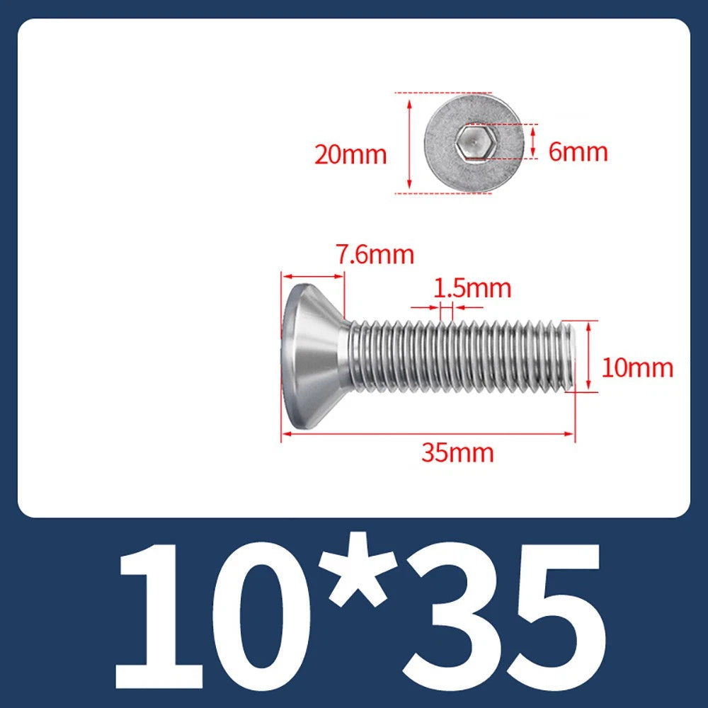 M8 M10 Countersunk Socket Head Screws – 304 Stainless Steel A2, Fully Threaded, 10–150mm