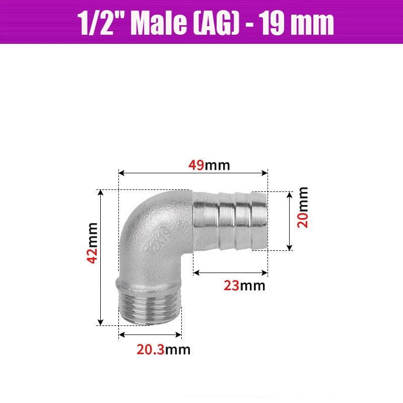BSP Male Elbow Barbed Hose Connector — Stainless Steel, 1/8" to 1/2", 6–16mm
