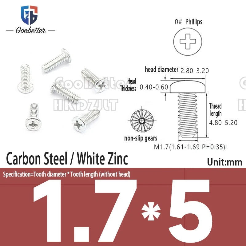 M1.6 & M1.7 Phillips Pan Round Head Machine Screws – Carbon Steel, Brass or Stainless, Lengths 1.5–22mm
