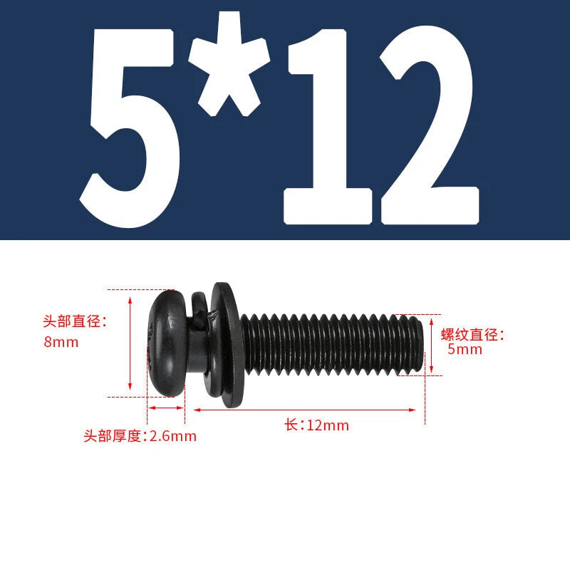 Black Zinc Pan Head Machine Screws with Washers, M2–M6 Pozi Phillips Drive