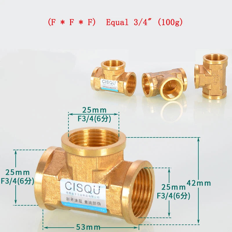 Brass Tee Pipe Fittings – NPT Thread, 1/8" to 2", M/F Configurations