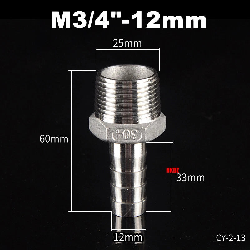 Stainless Steel 304 Barb Hose Tail Connector – 1/2" & 3/4" BSP Male Thread Hose Fittings