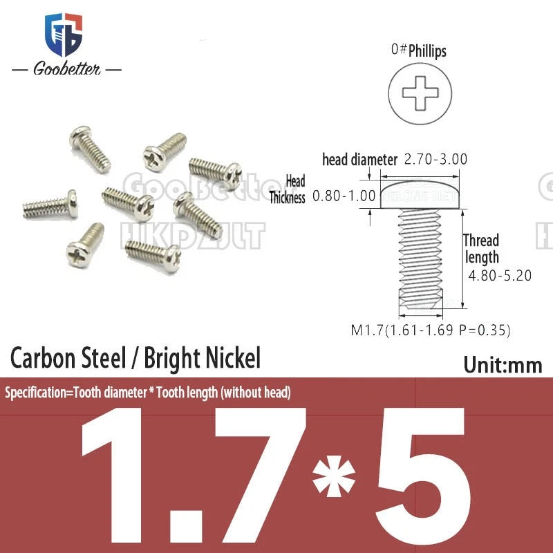 M1.6 & M1.7 Phillips Pan Round Head Machine Screws – Carbon Steel, Brass or Stainless, Lengths 1.5–22mm