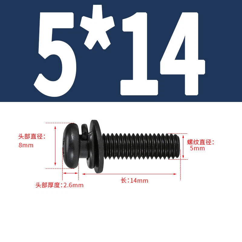 Black Zinc Pan Head Machine Screws with Washers, M2–M6 Pozi Phillips Drive