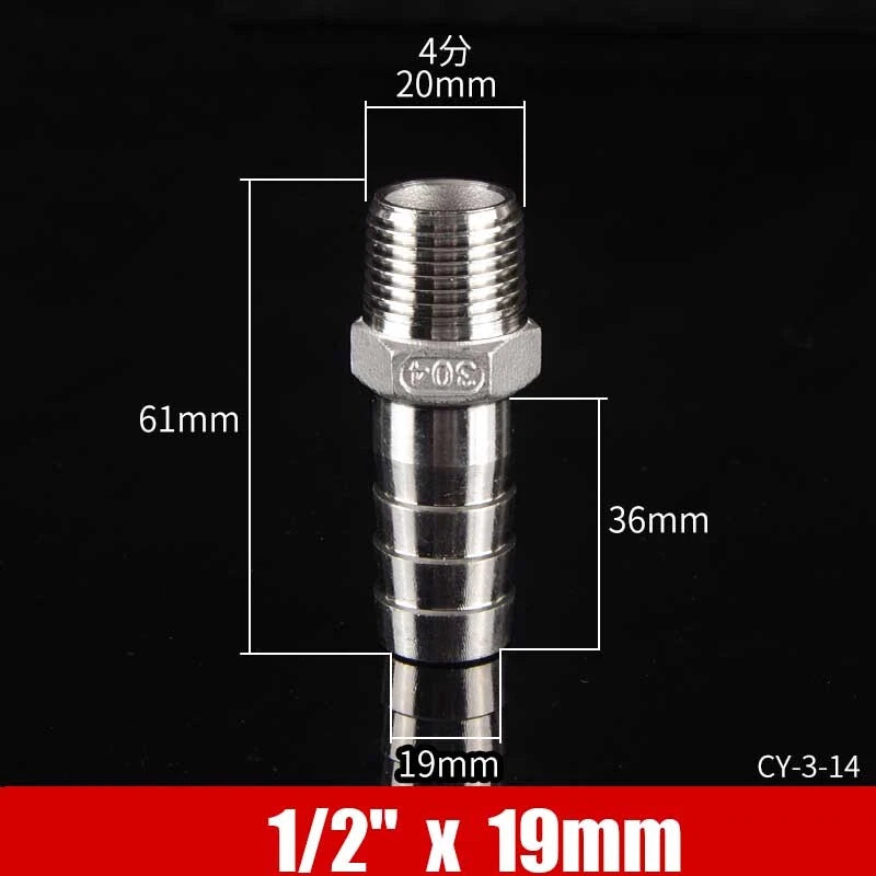 Stainless Steel BSP Male Thread x Barb Hose Tail Connector | 1/8" to 4"