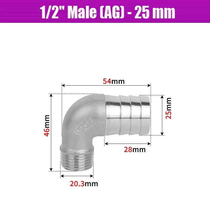 BSP Male Elbow Barbed Hose Connector — Stainless Steel, 1/8" to 1/2", 6–16mm