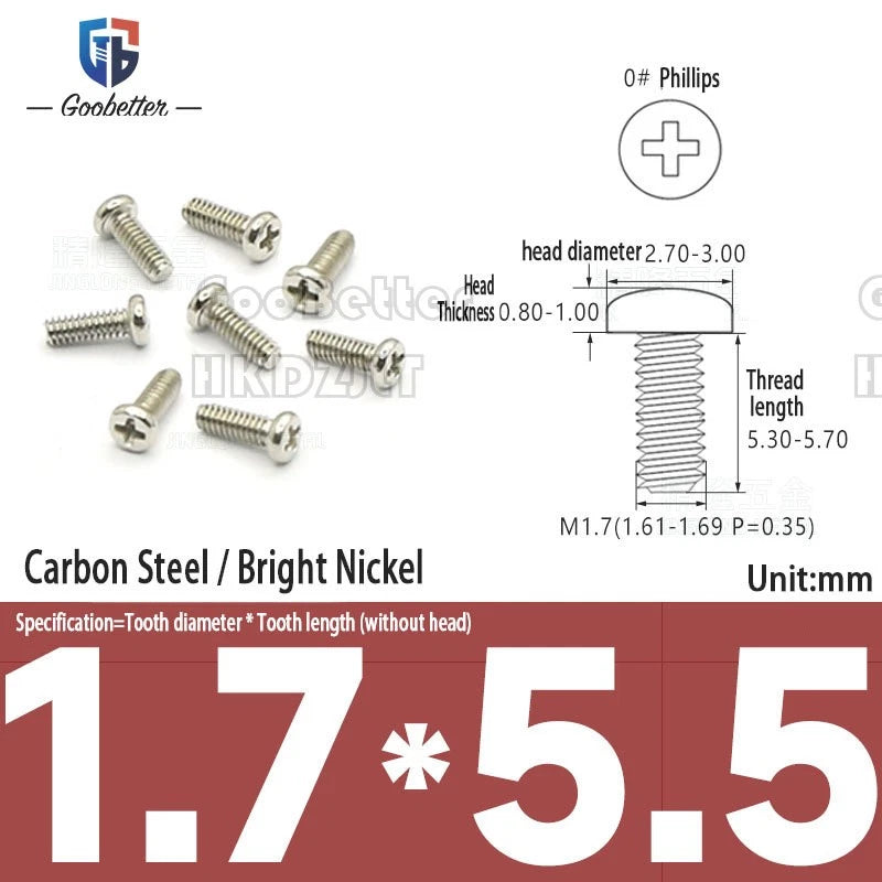 M1.6 & M1.7 Phillips Pan Round Head Machine Screws – Carbon Steel, Brass or Stainless, Lengths 1.5–22mm