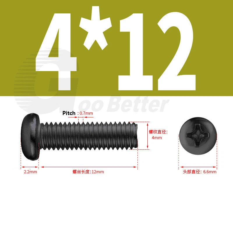 M2 M2.5 M3 M4 M5 Black Zinc Phillips Pan Head Machine Screws – Carbon Steel, 3–20mm