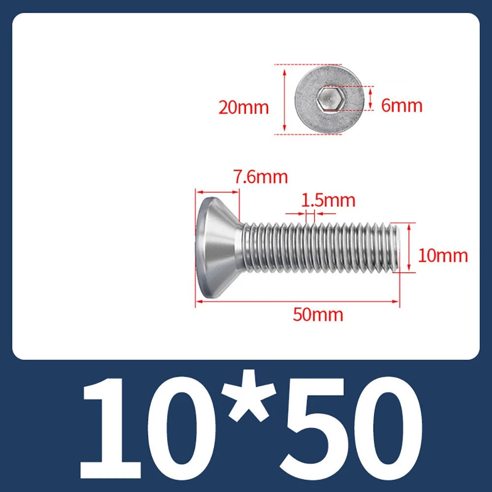 M8 M10 Countersunk Socket Head Screws – 304 Stainless Steel A2, Fully Threaded, 10–150mm