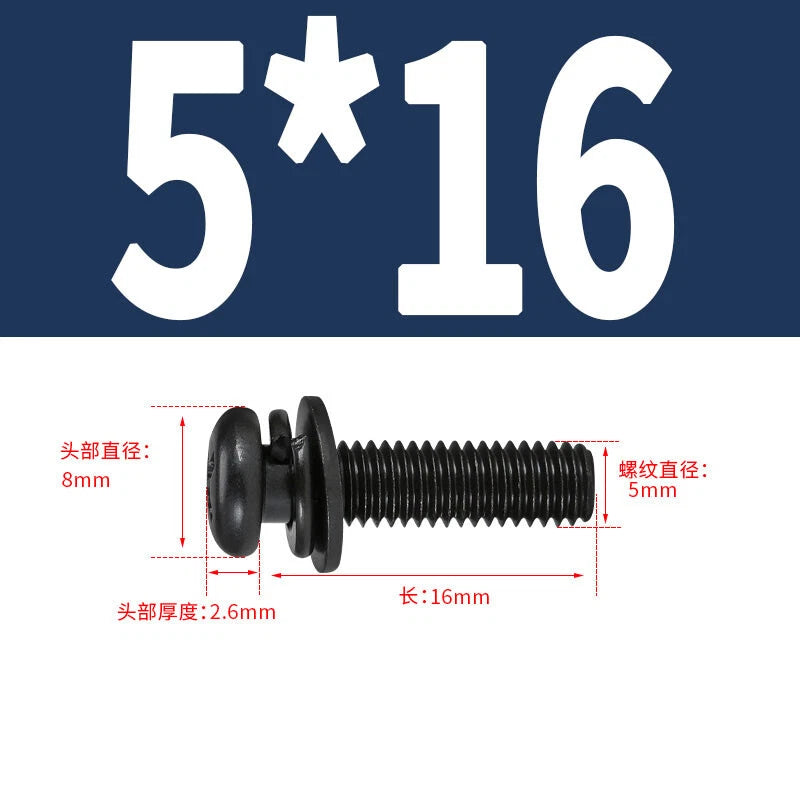 Black Zinc Pan Head Machine Screws with Washers, M2–M6 Pozi Phillips Drive