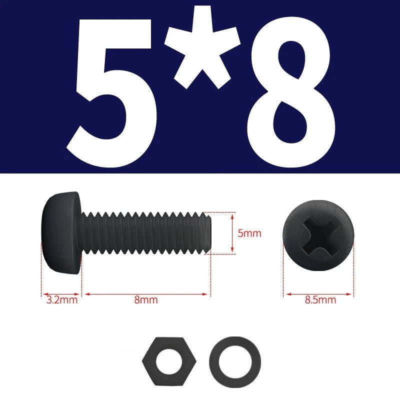 Black Nylon Phillips Machine Screws with Nuts & Washers — Metric M2 to M8 - HomeDIYer