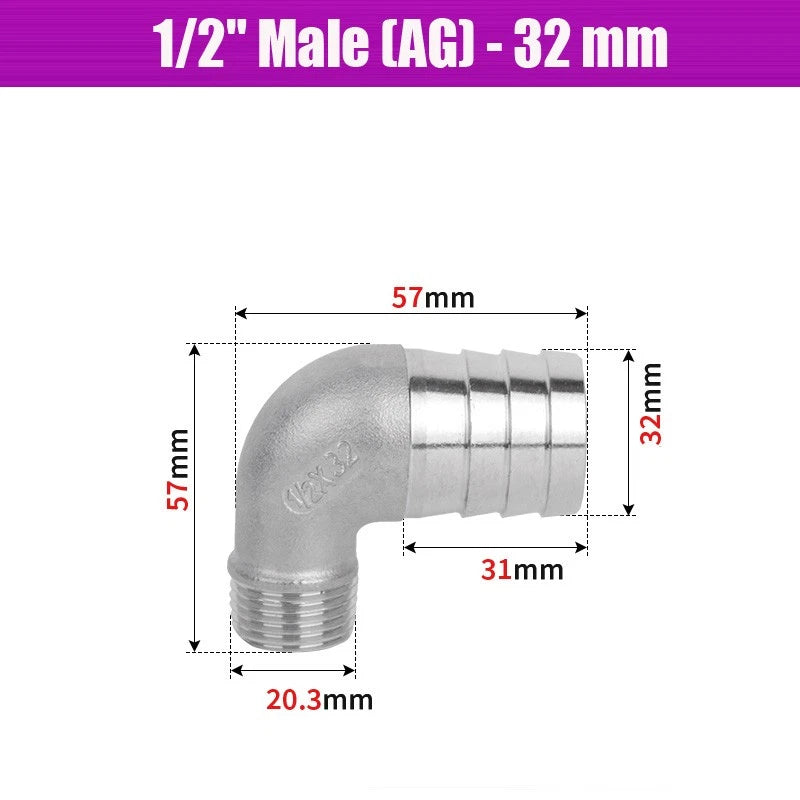 BSP Male Elbow Barbed Hose Connector — Stainless Steel, 1/8" to 1/2", 6–16mm