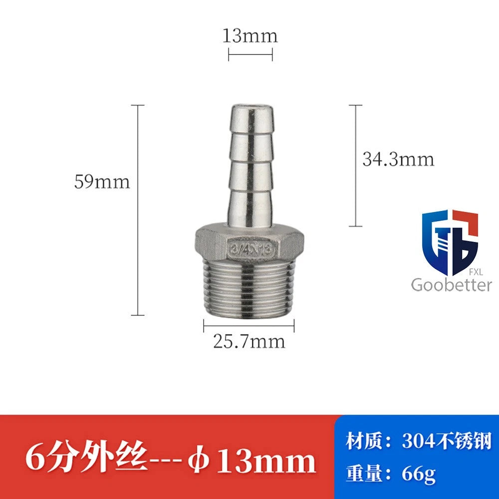 BSP Stainless Steel Male Thread Barb Hose Tail Connector — 1/8" to 2"
