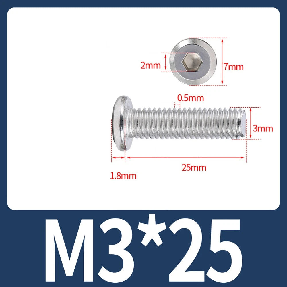 M2 M3 M4 Flat Round Head Hex Socket Screws – A2 Stainless Steel, Fully Threaded (3–50mm)